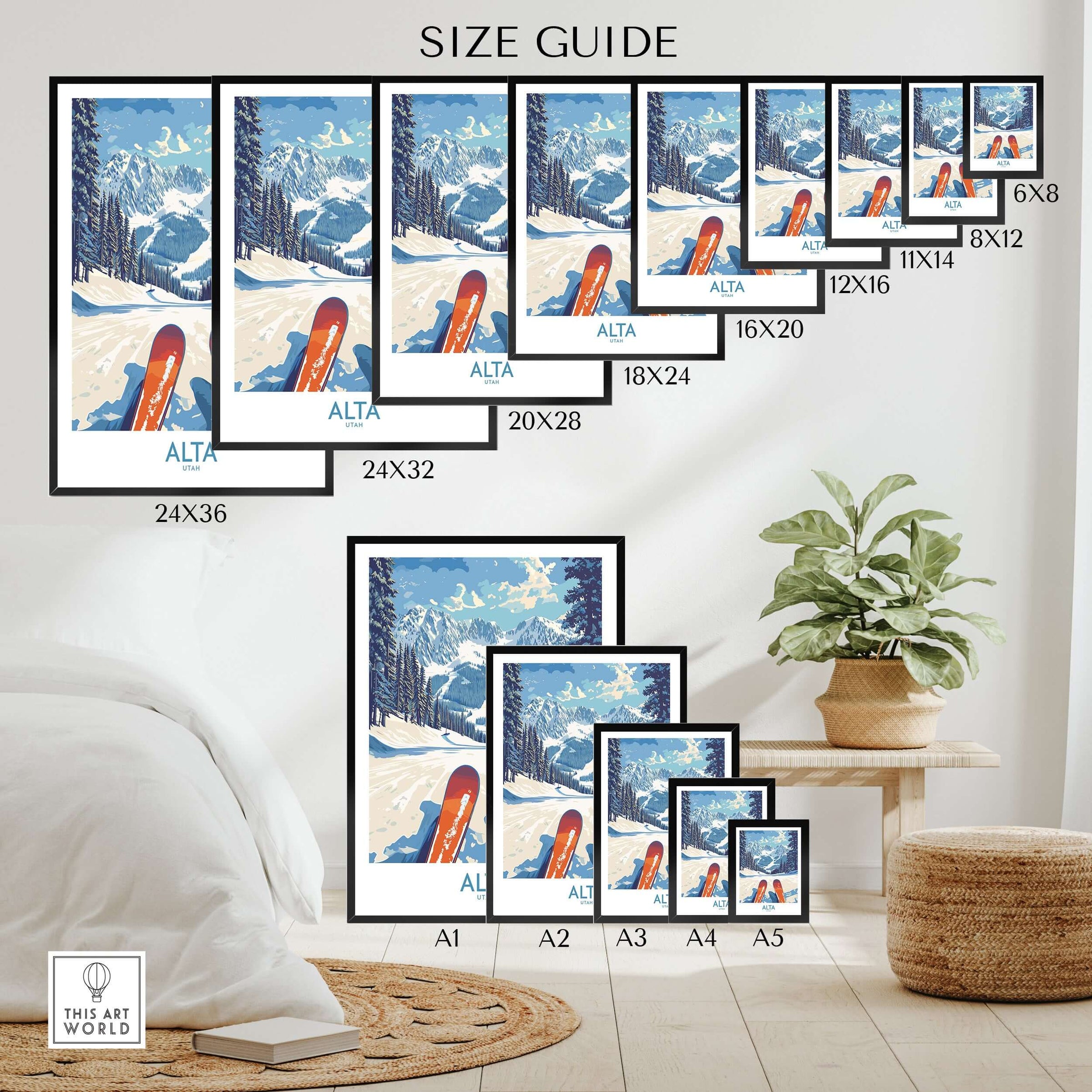 Size guide for Alta Utah Ski Adventure Poster in different dimensions and framed options.