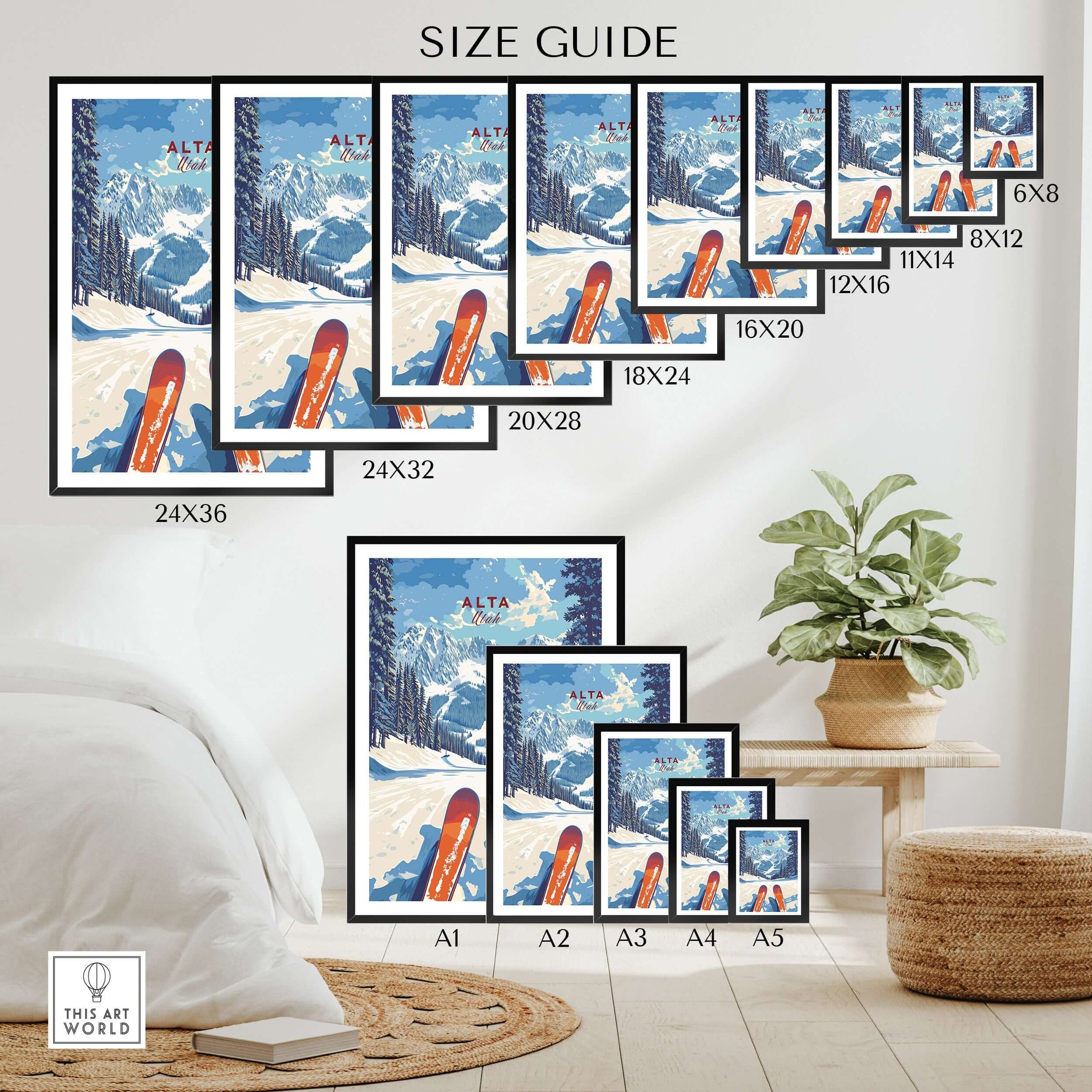 Size guide for Alta Utah Ski View from Slopes print showcasing various dimensions and framing options for wall art.