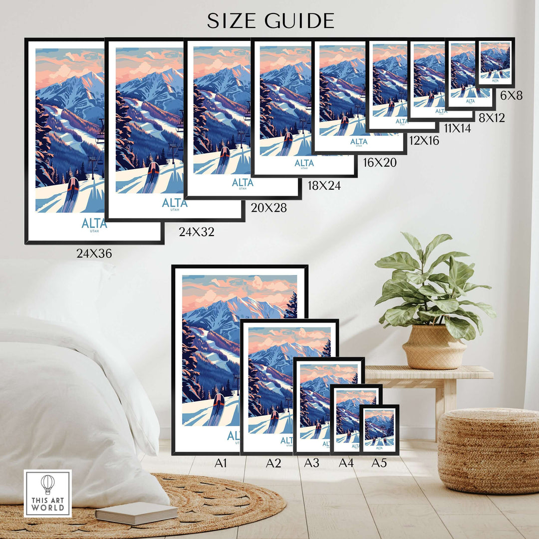 Size guide for Alta Utah Ski Print, showcasing different frame sizes for winter sports decor.