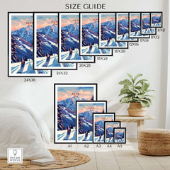 Size guide for Alta Utah Ski Lift Mountain View poster featuring various frame sizes and mountain backdrop.