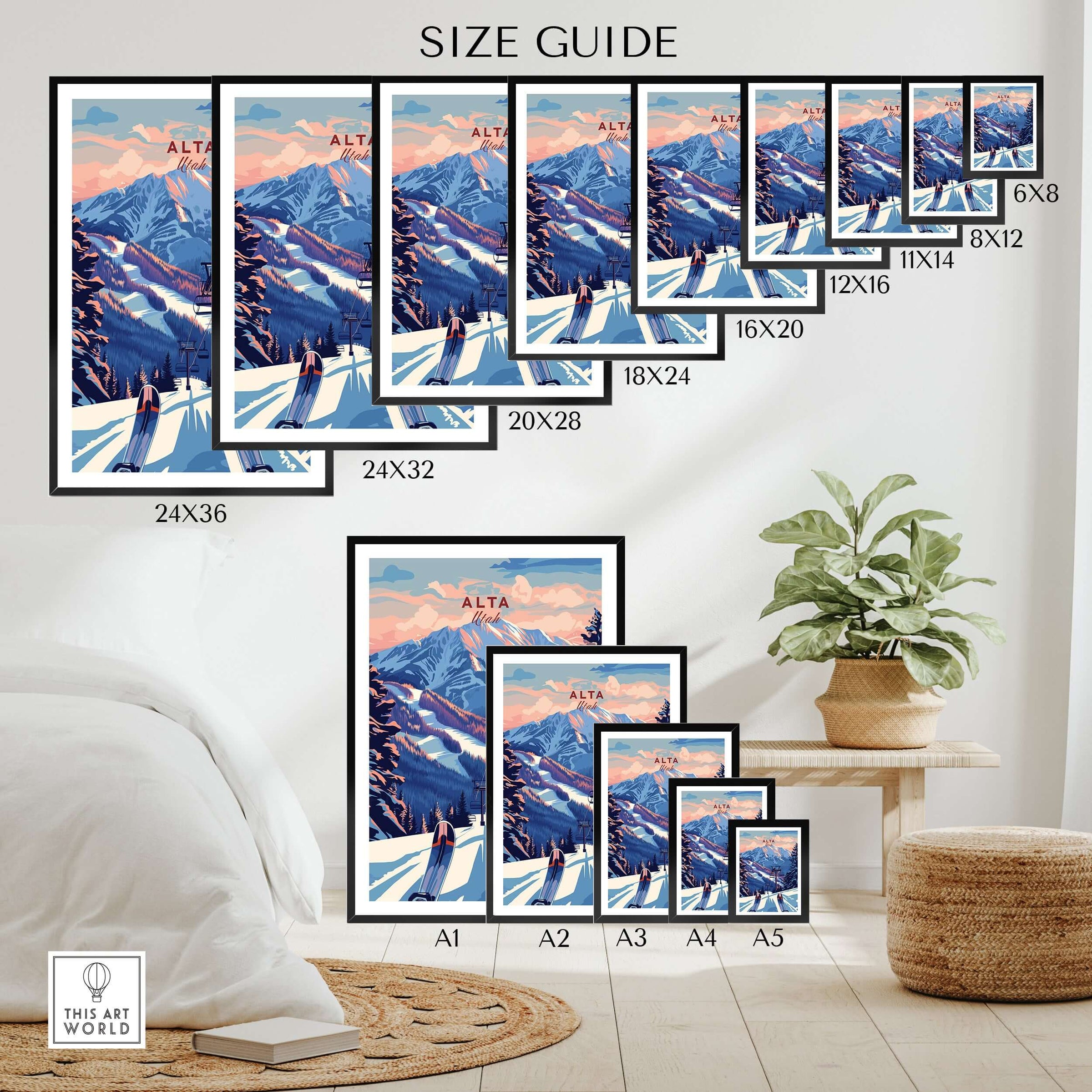 Size guide for Alta Utah Ski Lift Mountain View poster featuring various frame sizes and mountain backdrop.