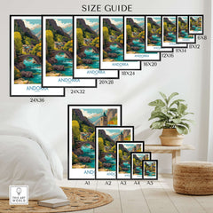 Andorra Art Print | Pyrenees Mountain Travel Poster size guide showing various frame sizes in a styled room.