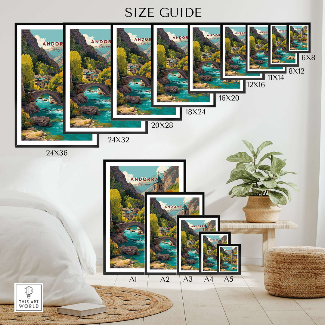 Andorra Valira River Valley Village Print | European Mountain Wall Decor size guide featuring various print dimensions.