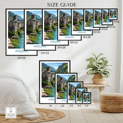 Andorra Old Town River Bridge Art Print | Pyrenees Architecture Poster size guide featuring various frame sizes.