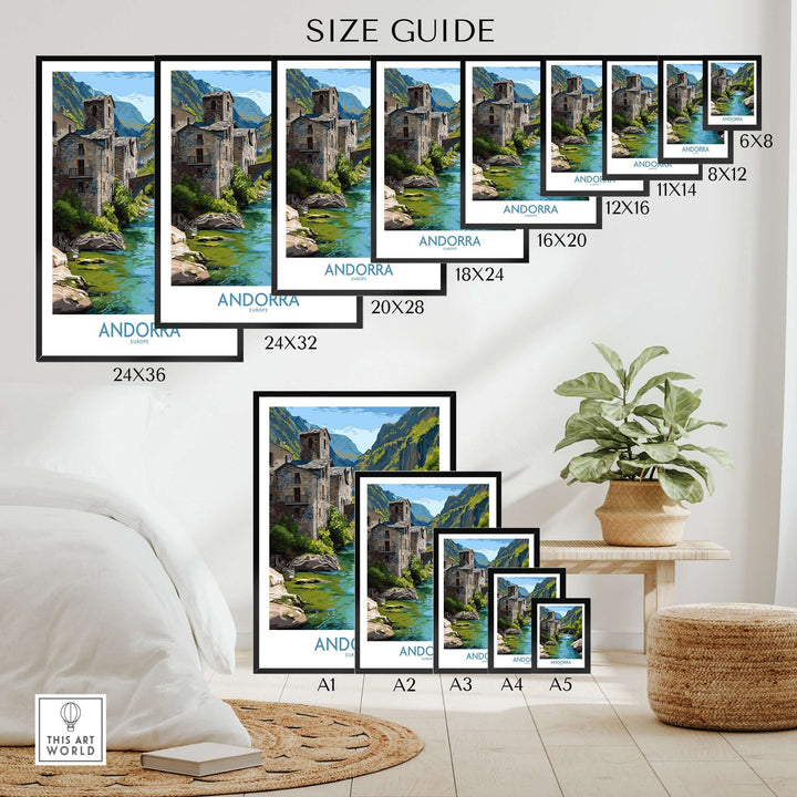 Andorra Old Town River Bridge Art Print | Pyrenees Architecture Poster size guide showcasing various frame sizes.