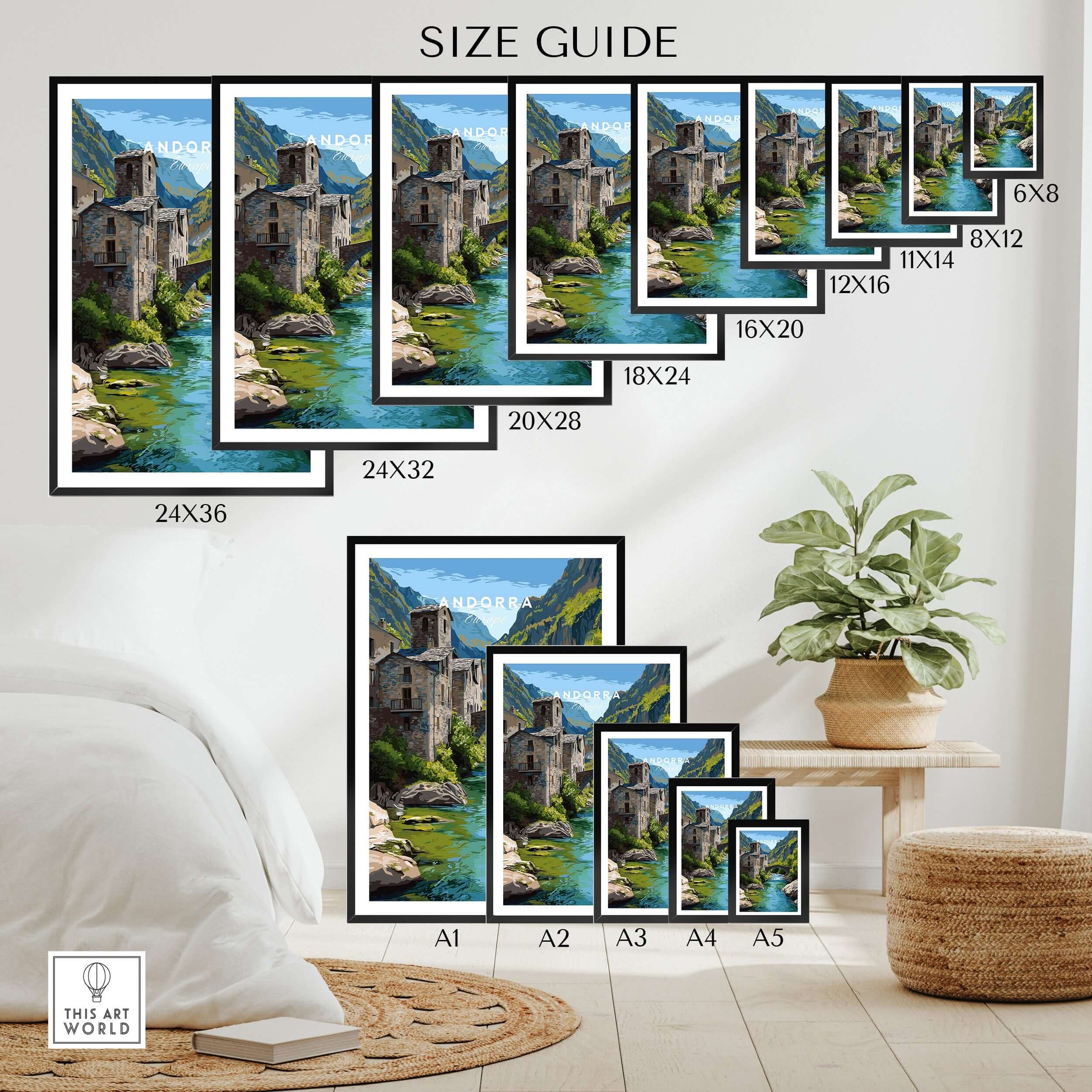 Andorra Poster | European Mountain Valley Decor size guide with various framed dimensions and serene mountain landscape.