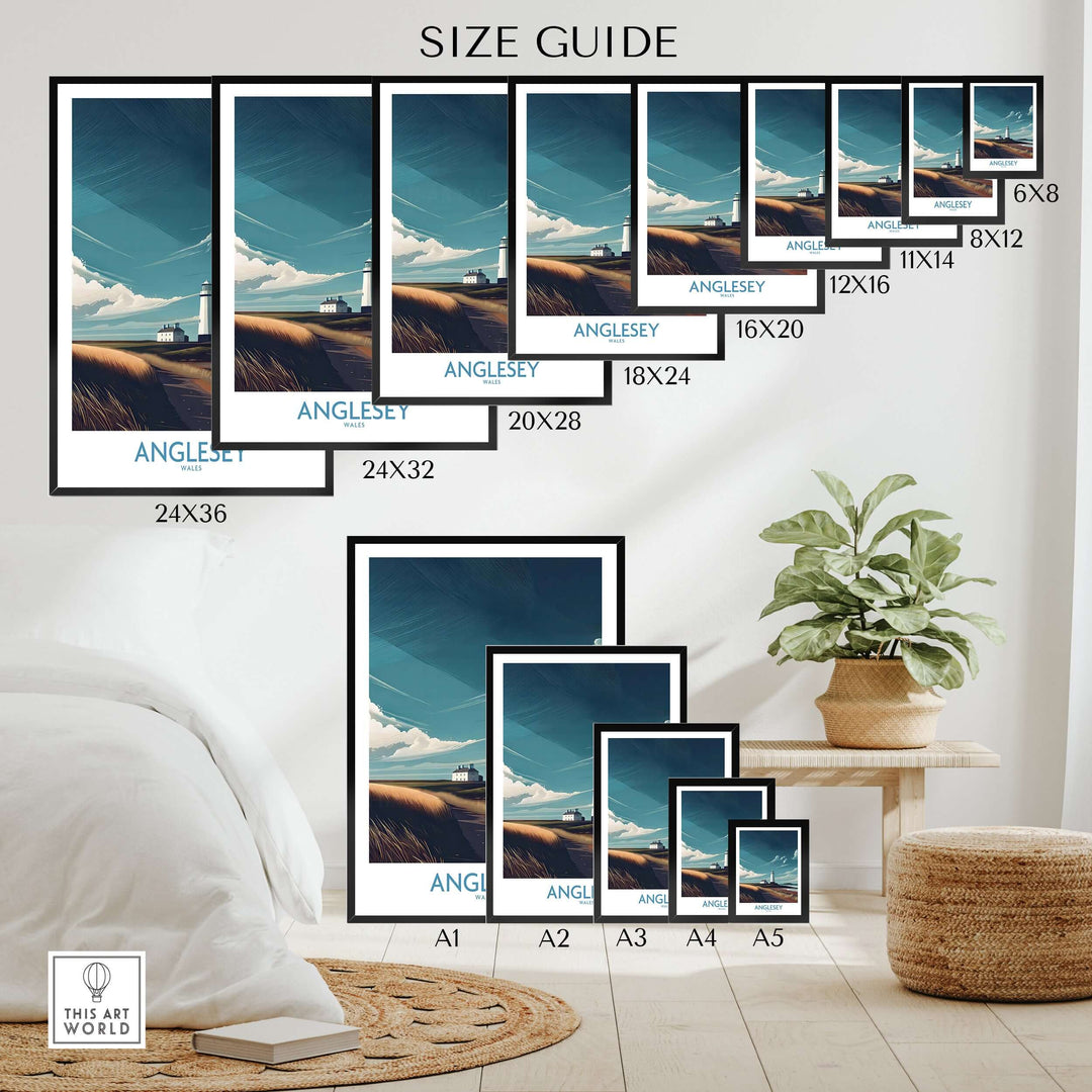 Size guide for Anglesey Wales seascape beach path posters in various dimensions for home decor.