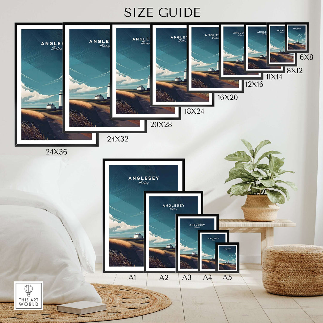 Size guide for Anglesey Wales Lighthouse Coastal Print wall art showcasing various frame sizes.
