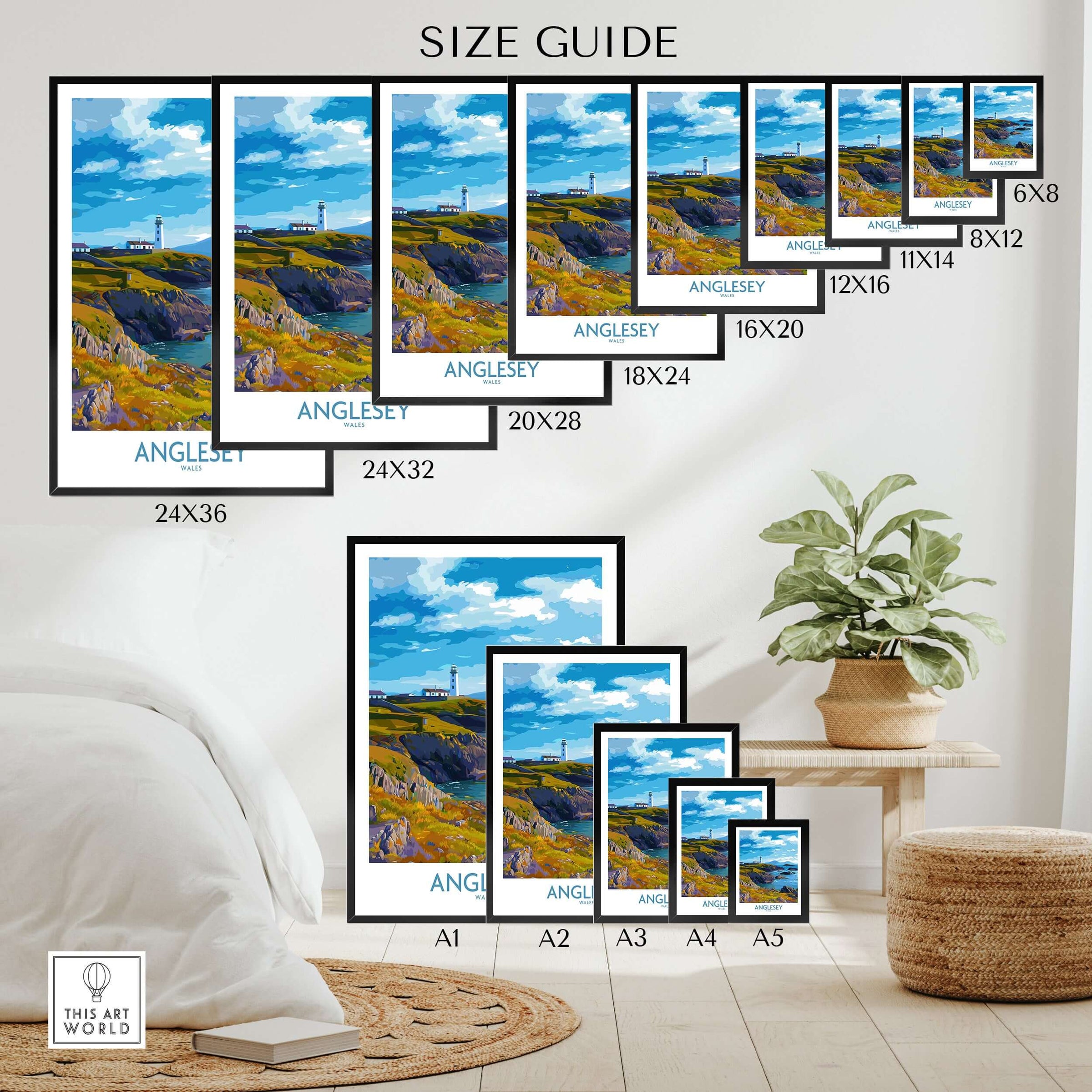 Anglesey Wales Print Grassy Cliffs Landscape - Welsh Island Travel Decor size guide with various frame sizes.