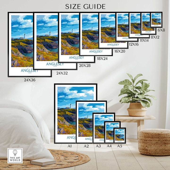 Size guide for Anglesey Wales print showcasing grassy cliffs landscape in various frame sizes.