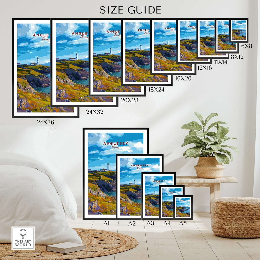 Size guide for Anglesey Wales poster showing various frame sizes and rocky coast lighthouse design.