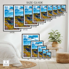 Anglesey Wales Poster Rocky Coast Lighthouse - Celtic Sea Wall Art size guide with various frame dimensions.