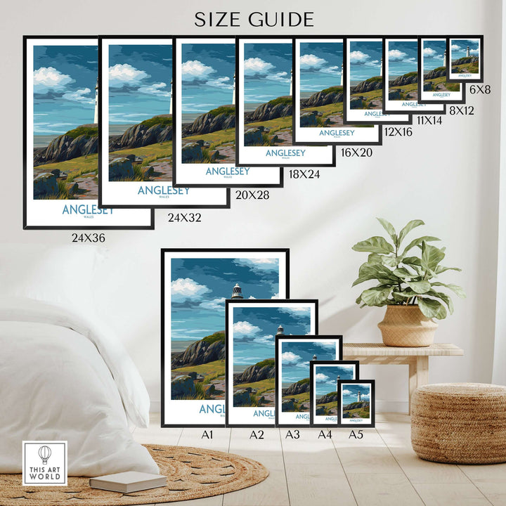 Size guide for Anglesey scenic seascape poster prints featuring Welsh lighthouse decor in various dimensions.