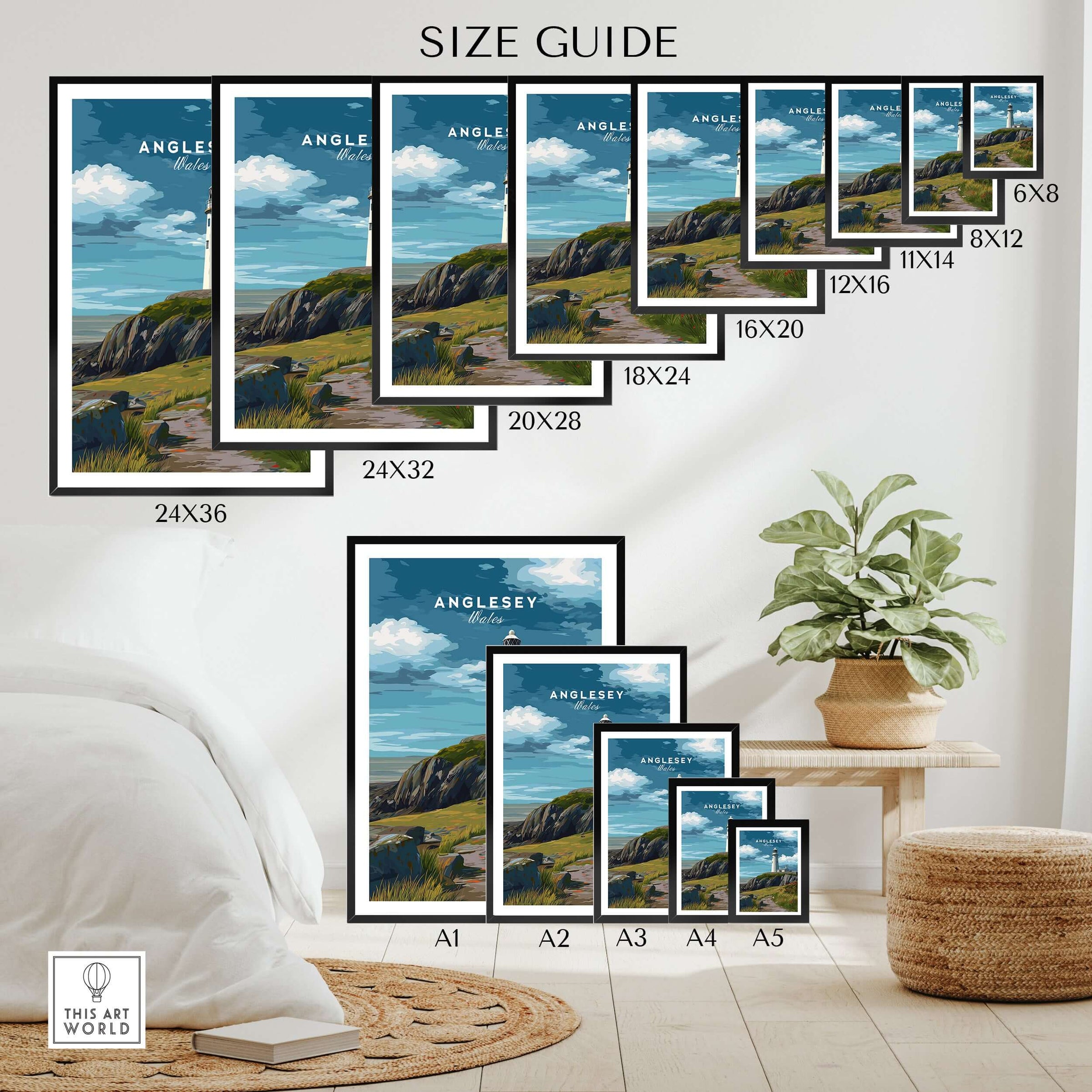 Anglesey Wales Lighthouse on Cliffs Print - Coastal Path Wall Art size guide with various frame dimensions.