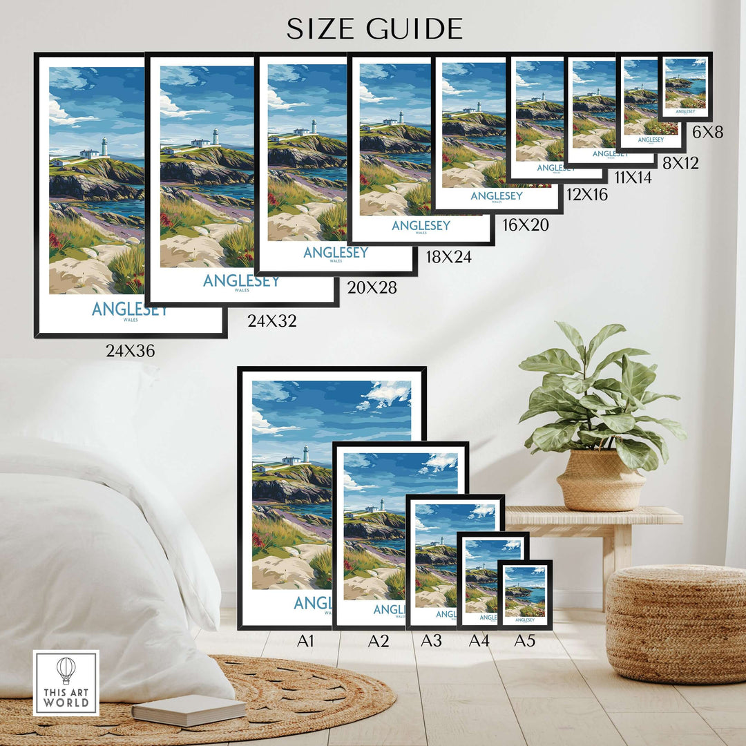 Anglesey Wales Seaside Blossom Print size guide showcasing various frame sizes for coastal decor