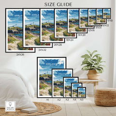 Anglesey Wales Wildflowers Lighthouse Poster - Vibrant Coastal Wall Art size guide with various frame options.