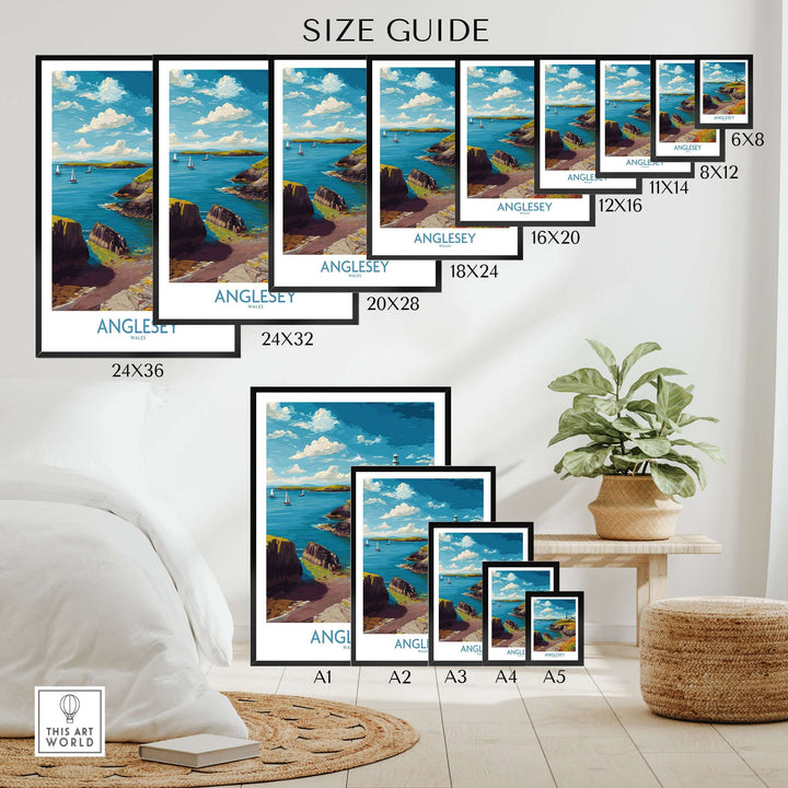 Size guide for Anglesey Wales ocean view travel poster in various dimensions, displayed in a stylish room setting.