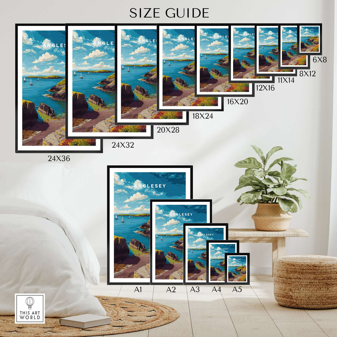 Size guide for Anglesey Wales sailboats and lighthouse print, showcasing various frame sizes in a stylish interior.