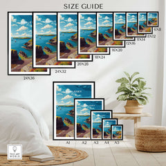 Anglesey Wales Sailboats & Lighthouse Print - Nautical Coastal Wall Art size guide with framed artwork displayed.