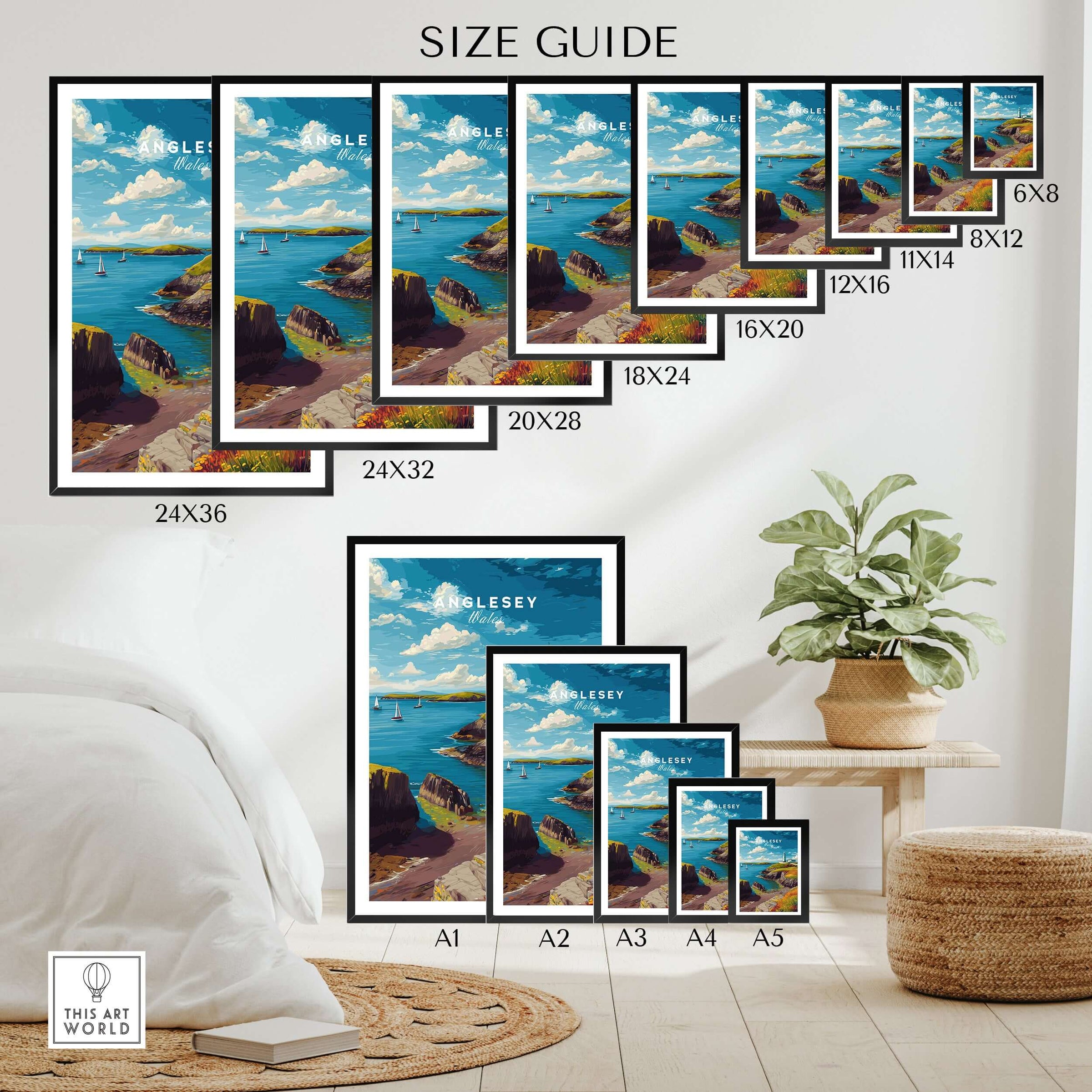 Anglesey Wales Sailboats & Lighthouse Print - Nautical Coastal Wall Art size guide with framed artwork displayed.