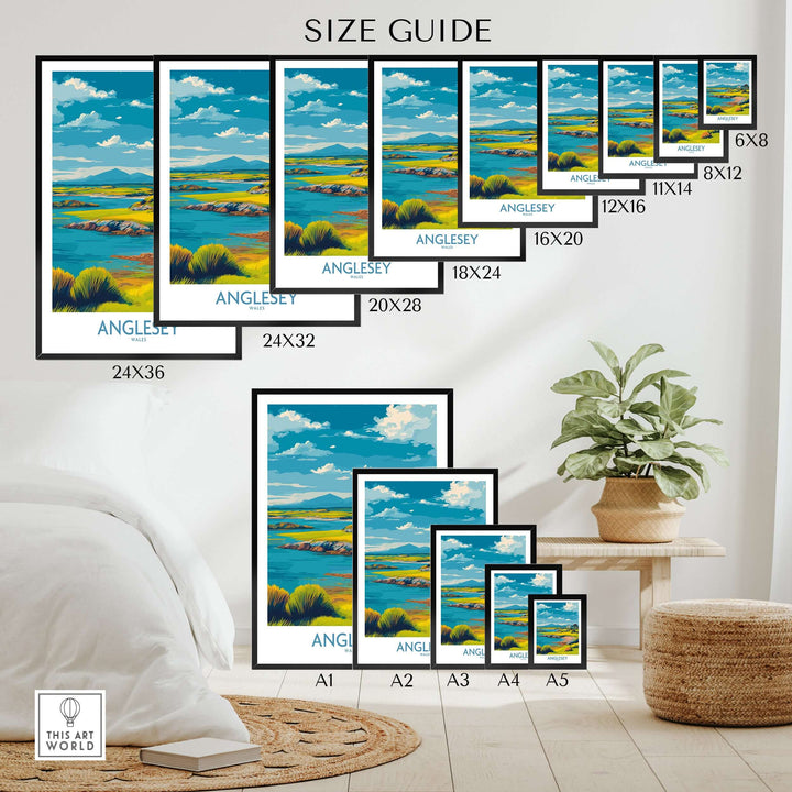 Size guide for Anglesey Wales Tranquil Bay poster showcasing various sizes and dimensions for home decor.