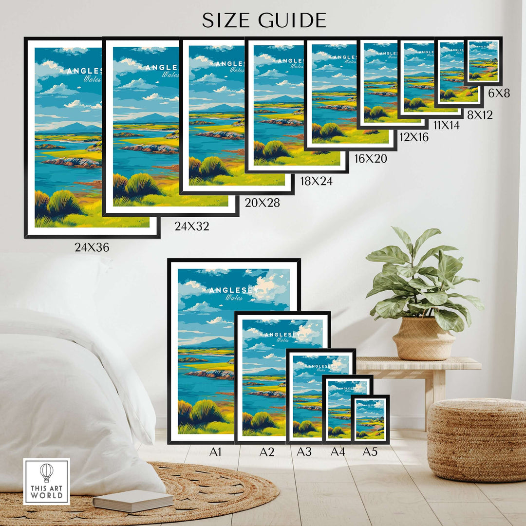 Size guide for Anglesey Wales Green Coastline Print showcasing various frame sizes in a home setting.