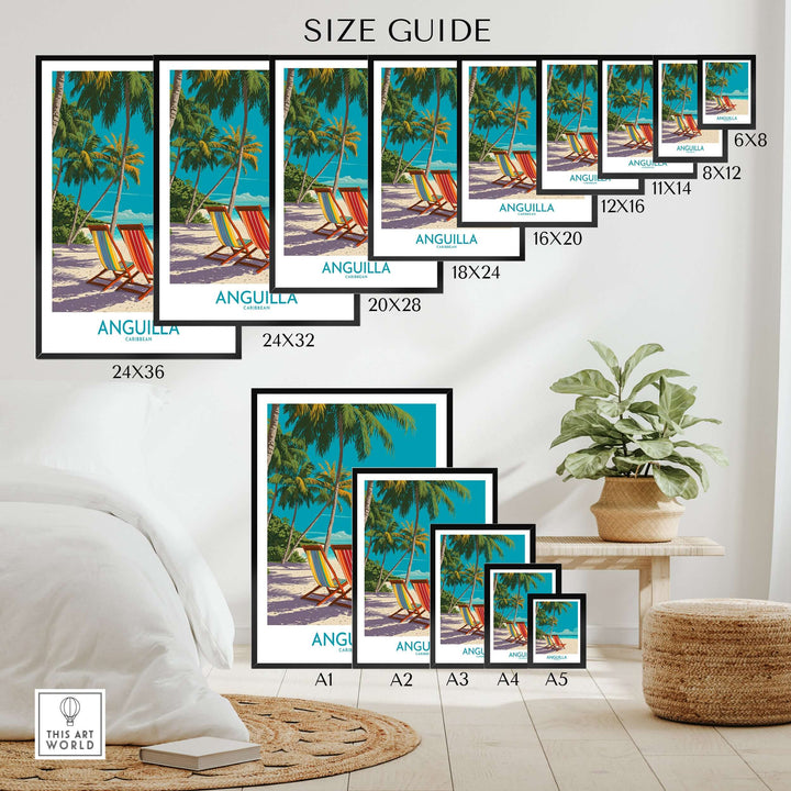 Size guide for Anguilla Caribbean sunset poster prints displayed in a modern interior setting.