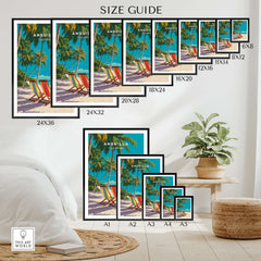 Anguilla Caribbean Wall Art - Tropical Island Print size guide with various frame sizes displayed in a home setting.