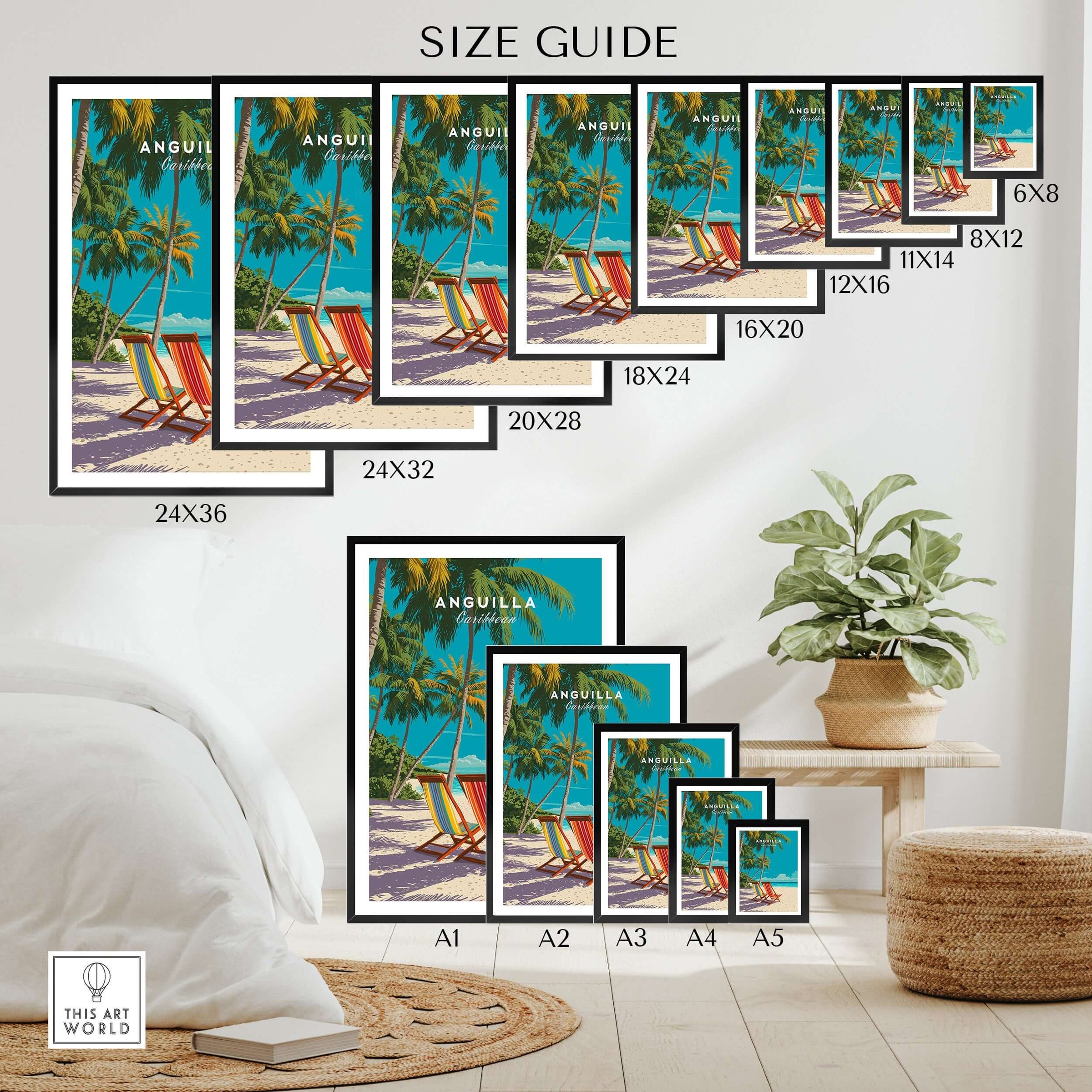 Anguilla Caribbean Wall Art - Tropical Island Print size guide with various frame sizes displayed in a home setting.