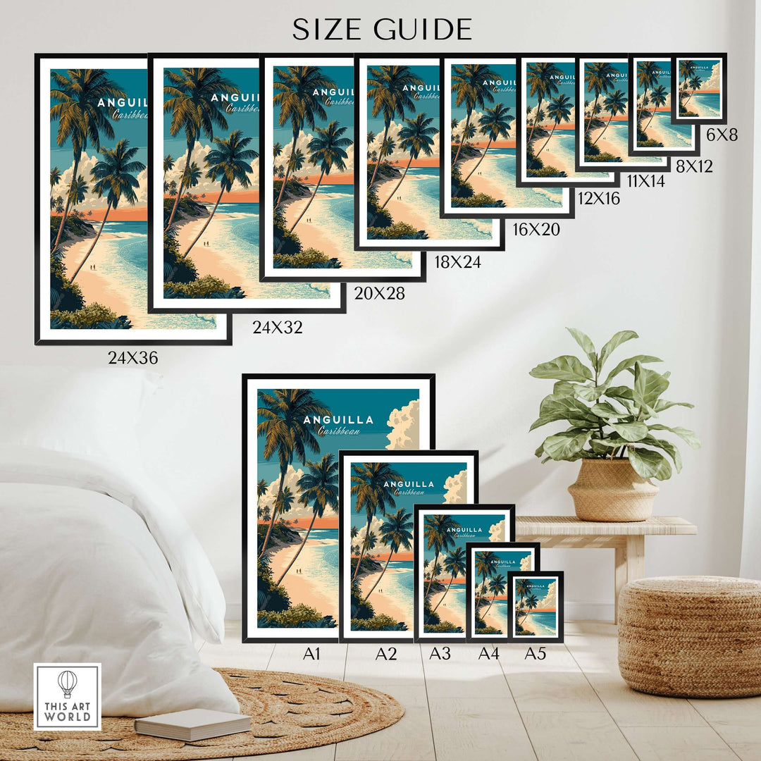 Size guide for Anguilla poster featuring Caribbean beach wall art in various frame sizes.
