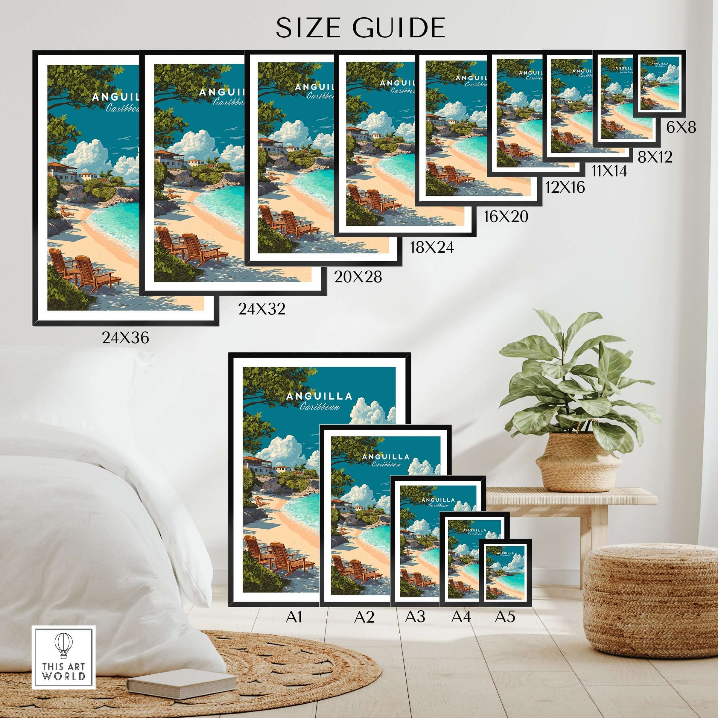Size guide for Anguilla Caribbean Beach Print featuring various frame sizes on a decor display.