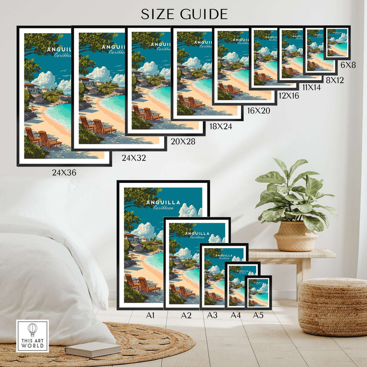 Size guide for Anguilla Caribbean Beach Print in various dimensions showcased in a cozy interior setting.