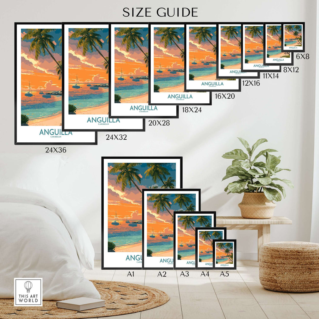 Size guide for Anguilla Caribbean print wall art, displaying various frame sizes and a serene tropical scene.