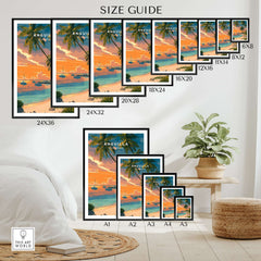 Anguilla Poster Caribbean Sunset Poster - Vibrant Beach Scene Art size guide with framed beach artwork options.