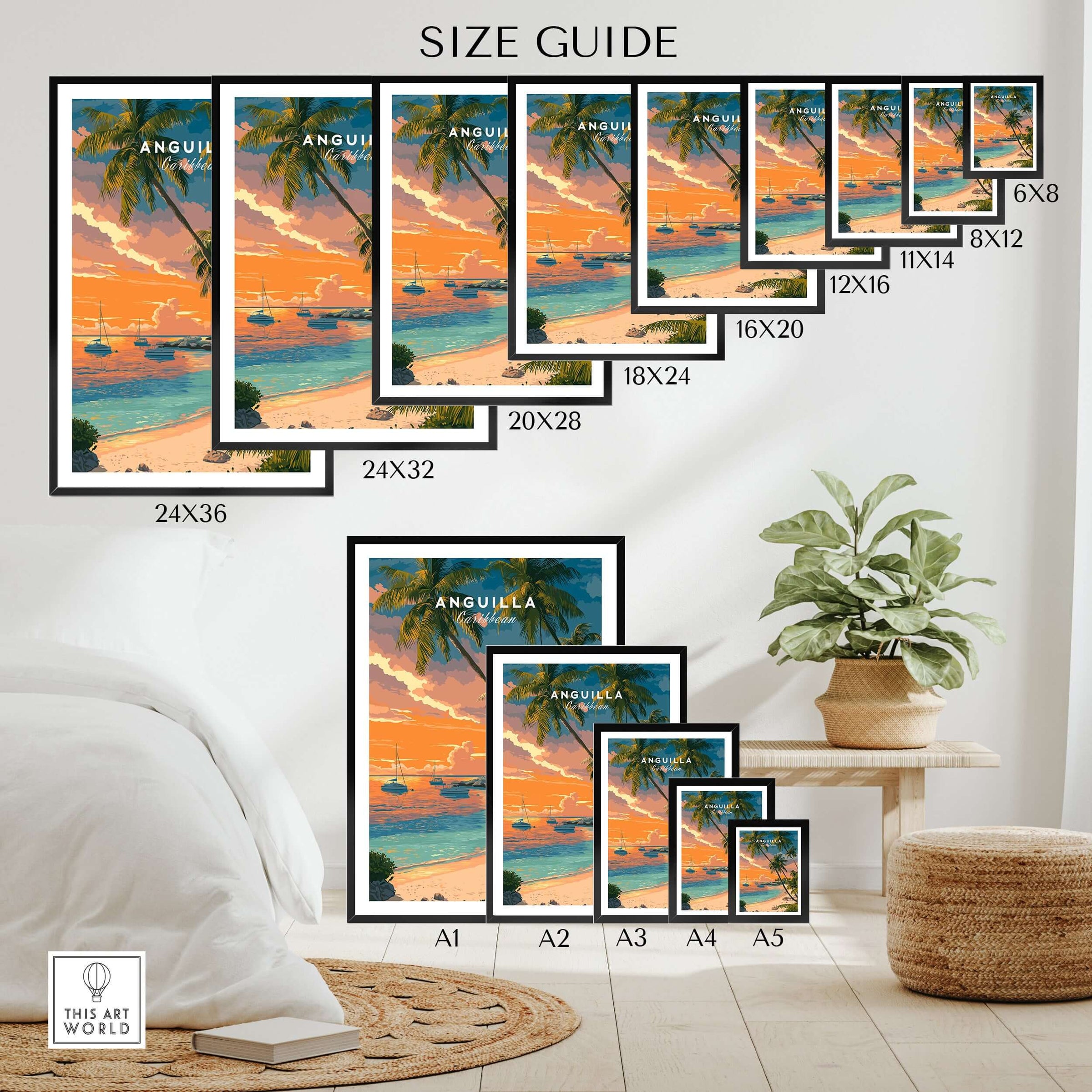 Anguilla Poster Caribbean Sunset Poster - Vibrant Beach Scene Art size guide with framed beach artwork options.