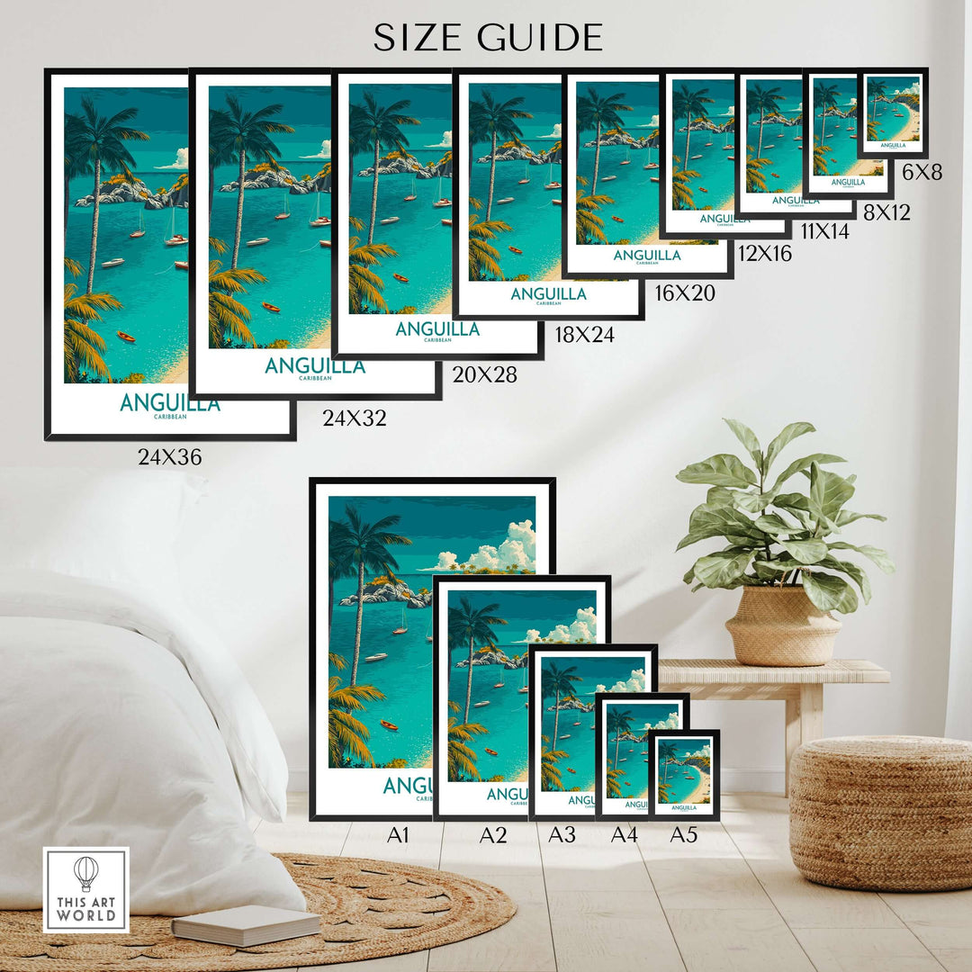 Anguilla beach poster size guide showcasing various frame sizes with tropical paradise print and palm trees.