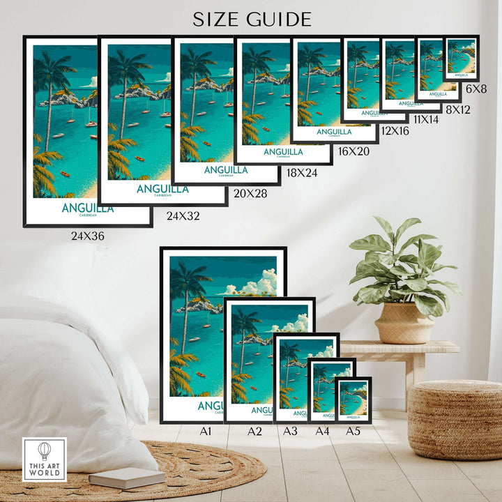 Anguilla beach poster size guide showcasing various frame sizes with tropical paradise print and palm trees.