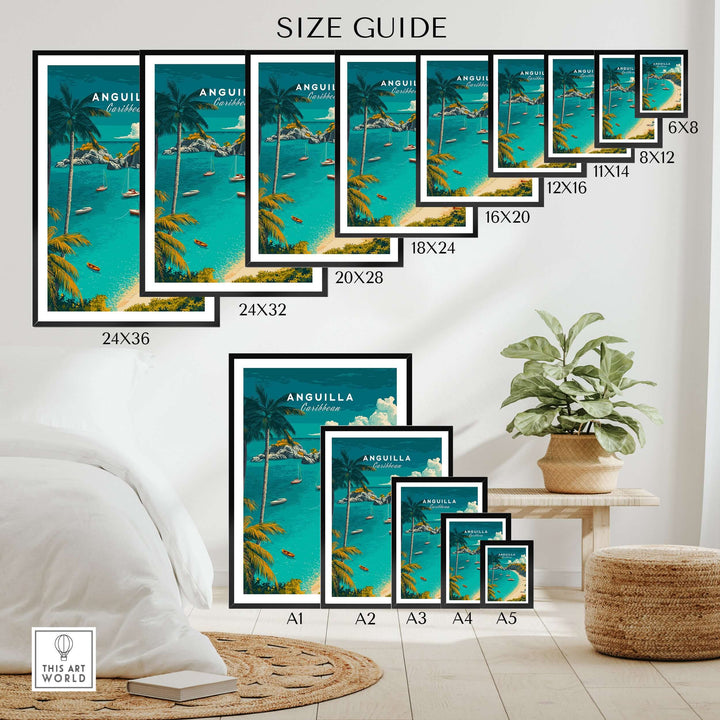 Size guide for Anguilla travel poster wall art featuring various frame sizes, showcasing tropical beach scenery.