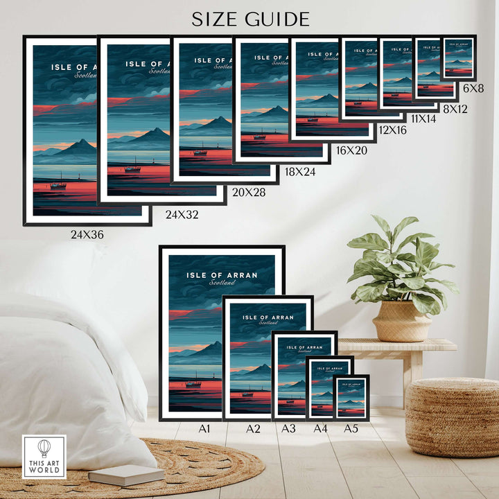 Size guide for Isle of Arran print showing various frame sizes and mountain sunset artwork options.