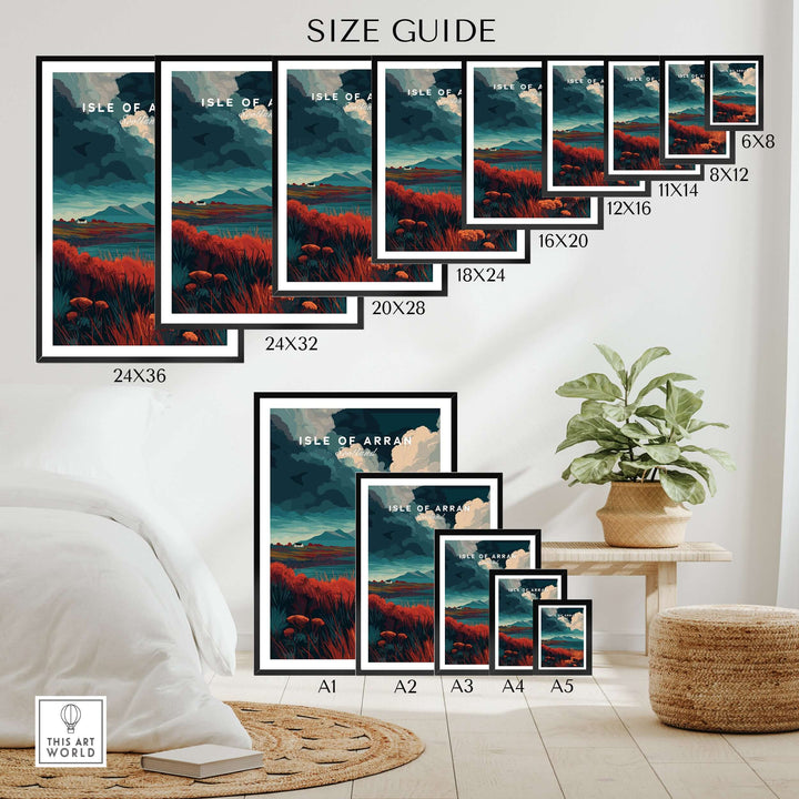 Size guide for Isle of Arran Scotland wall art prints showcasing various dimensions and designs.