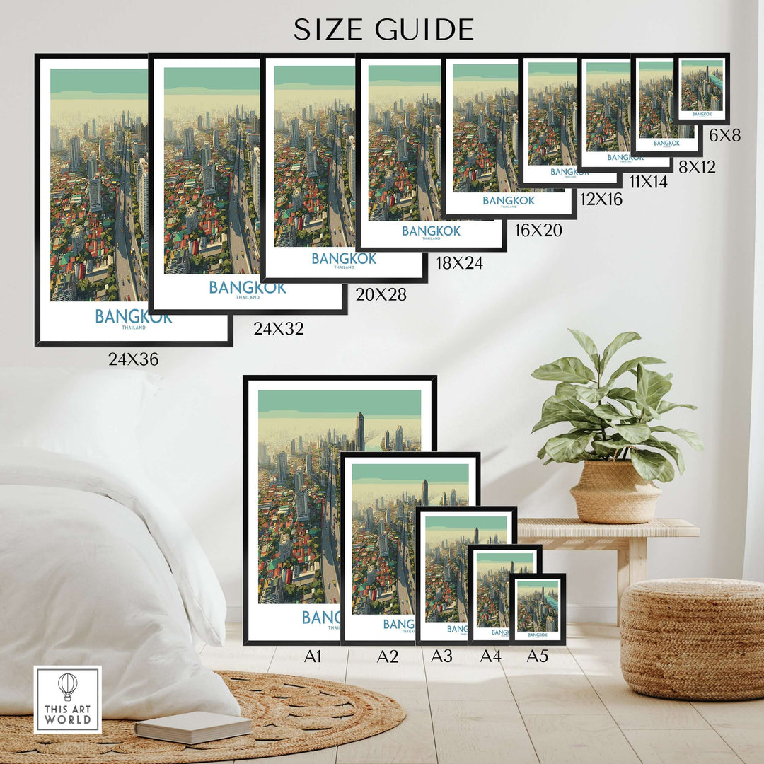 Size guide for Bangkok cityscape wall art prints, showcasing multiple frame sizes and design layout.