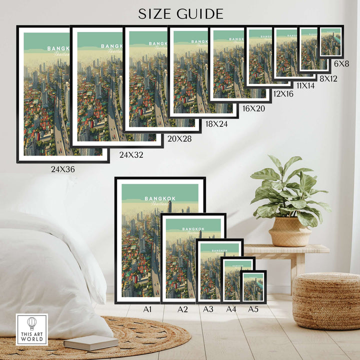 Size guide for Bangkok city skyline poster, displaying various frame sizes and layouts in a modern living space.