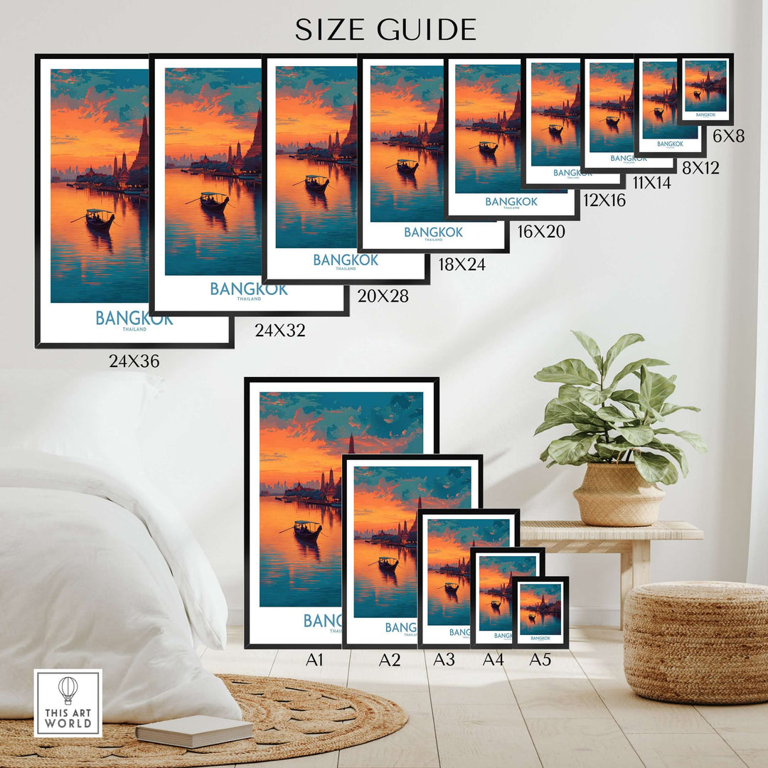 Size guide for Bangkok riverboat poster showcasing dimensions and styles for art prints in various sizes.