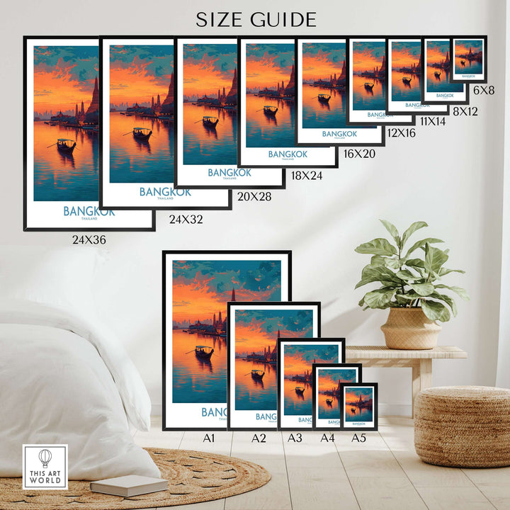 Size guide for Bangkok riverboat poster showcasing dimensions and styles for art prints in various sizes.