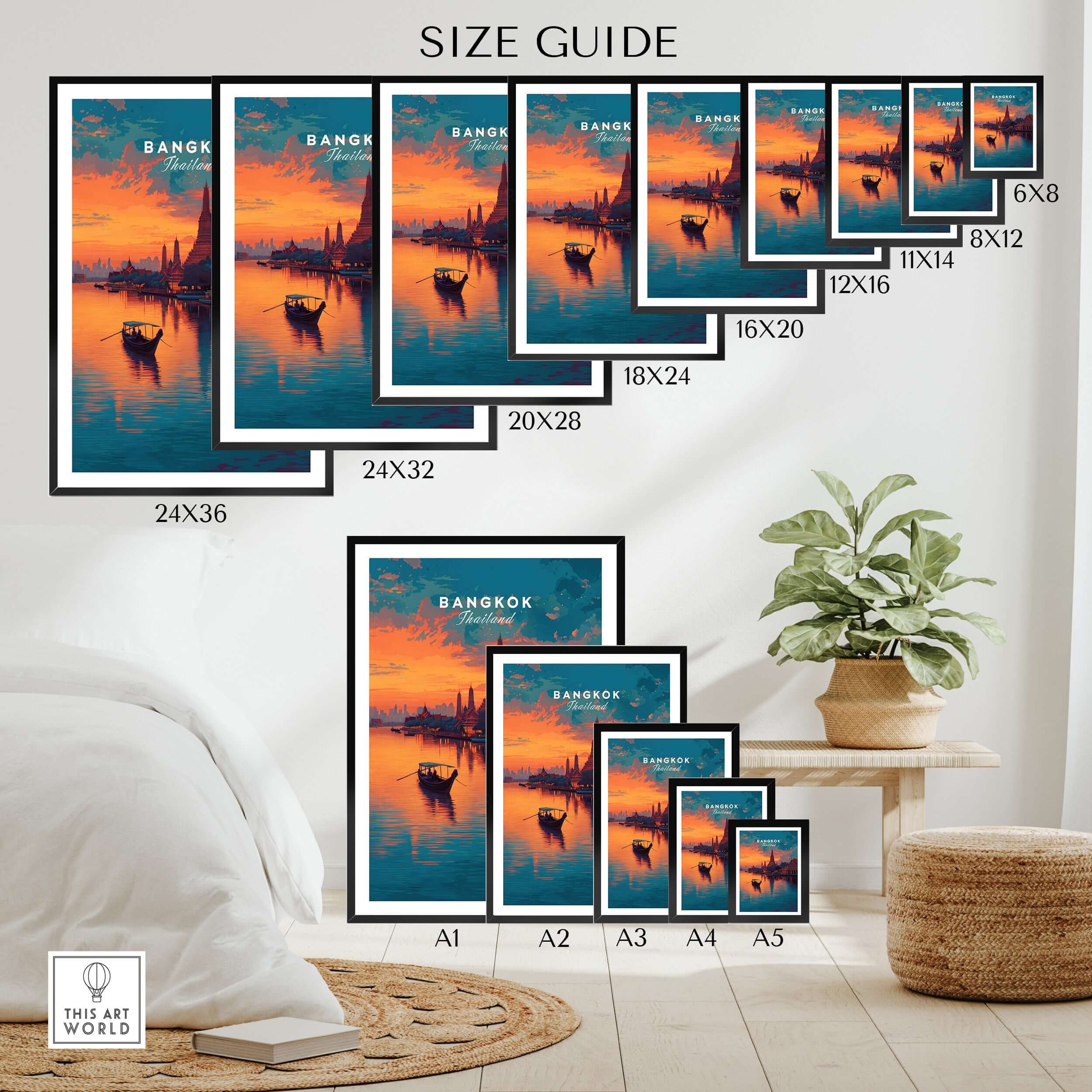 Bangkok Thailand Wat Arun Sunset Reflection Print - Temple of Dawn Wall Art size guide showcasing various frame sizes.