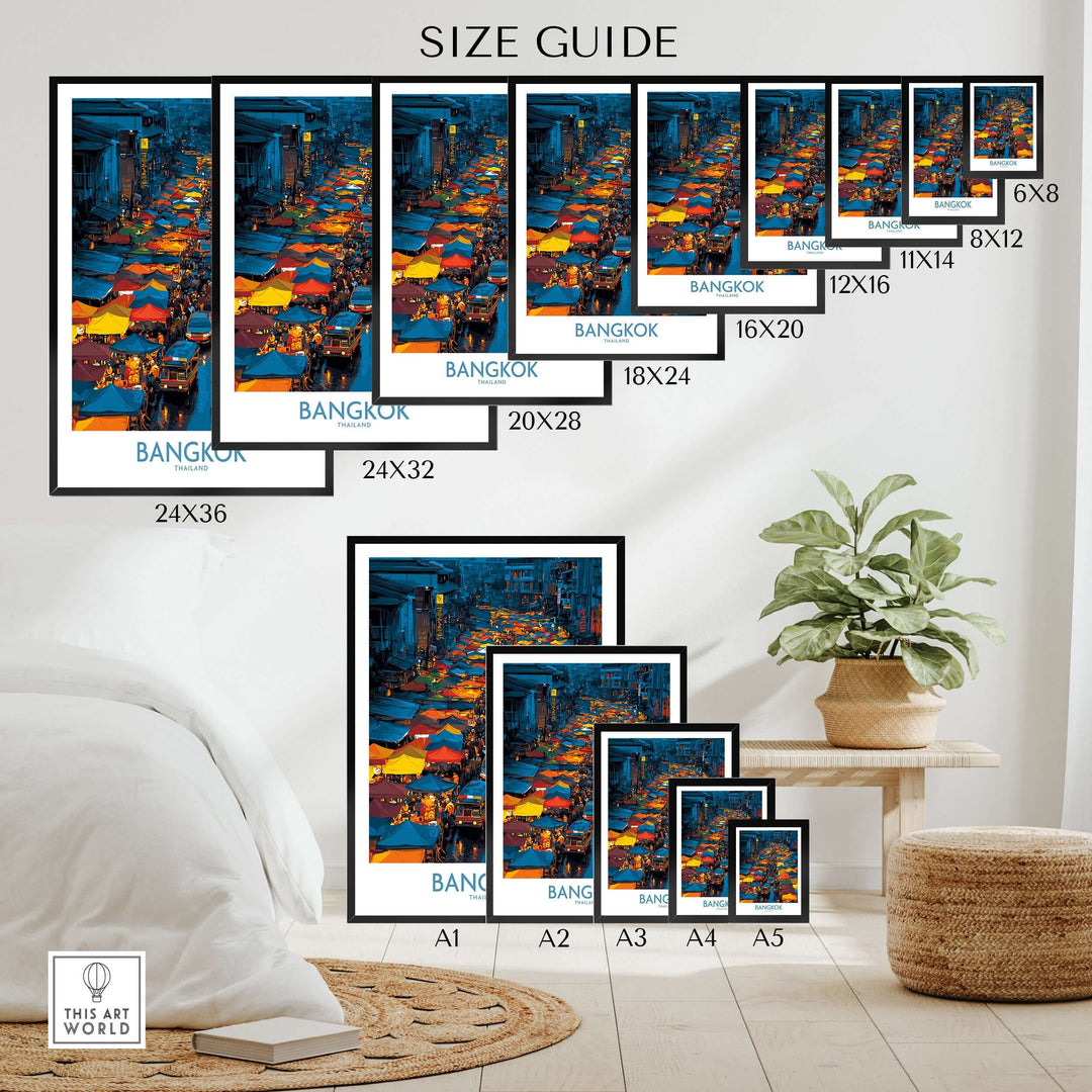 Size guide for Bangkok market vendors wall art, showcasing frame dimensions and placement in a stylish interior.
