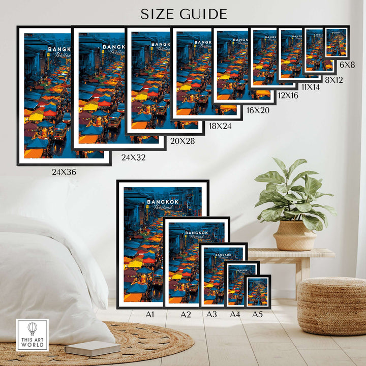 Size guide for Bangkok Thailand night market overhead poster showcasing various frame sizes and vibrant street scene.