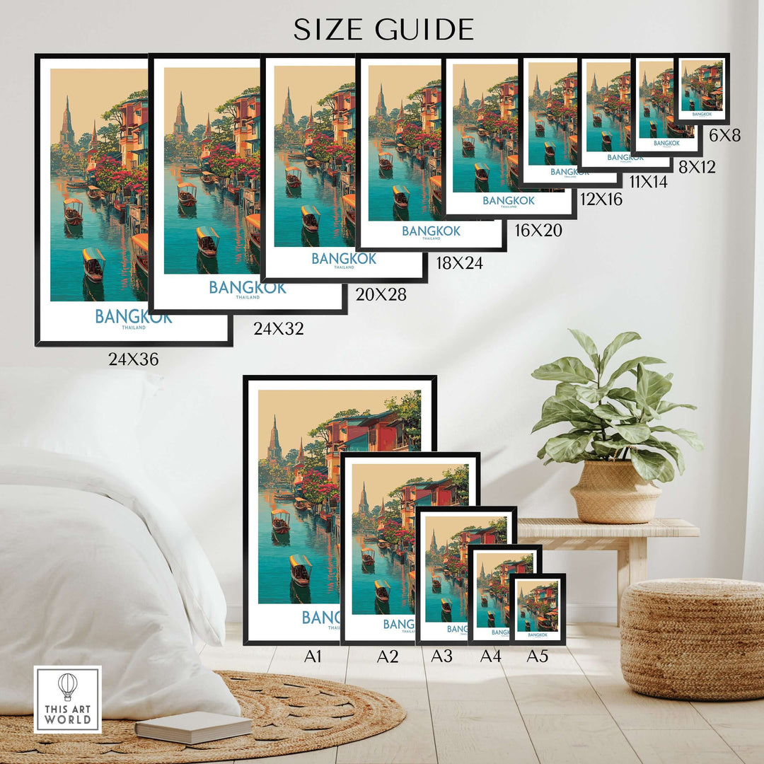 Size guide for Bangkok Thailand Floating Market poster prints in various dimensions.