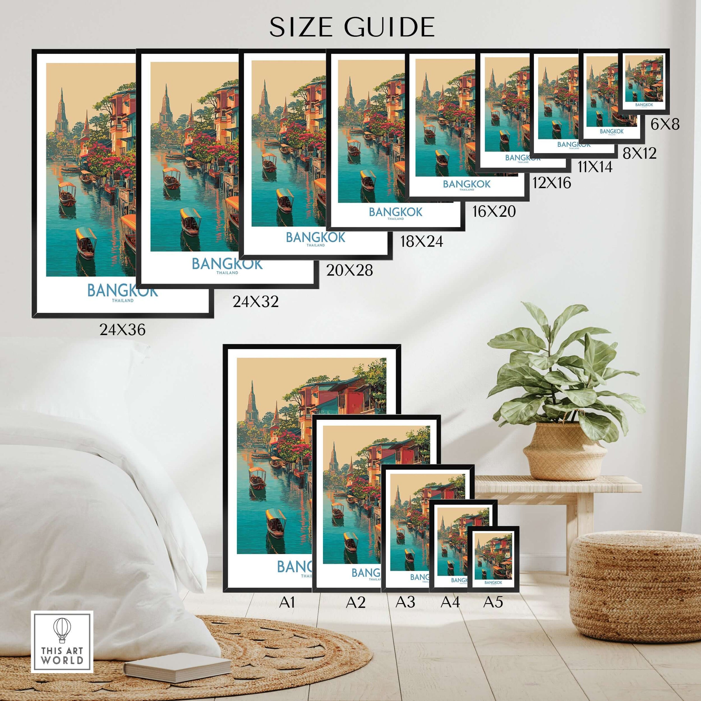 Bangkok Thailand Poster - Floating Market Travel Print Size Guide showcasing various frame sizes and wall display options.
