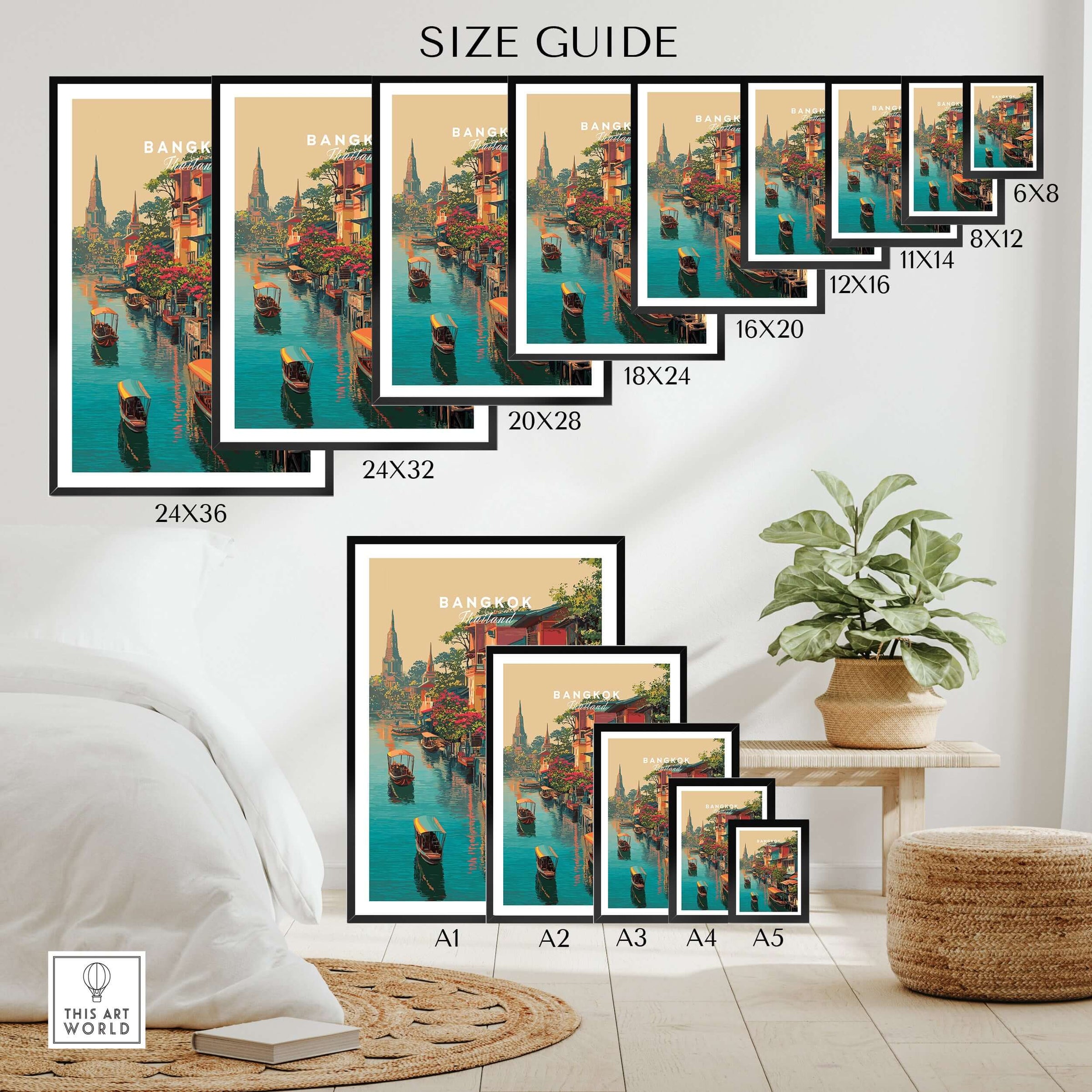 Bangkok Thailand Klong Canal Houses Print - Traditional Thai Village Wall Art size guide options displayed in a stylish room setting.